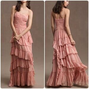 Anthropologie BHLDN Jessa Asymmetrical Ruffled Drop Waist Gown 0 Pink Metallic